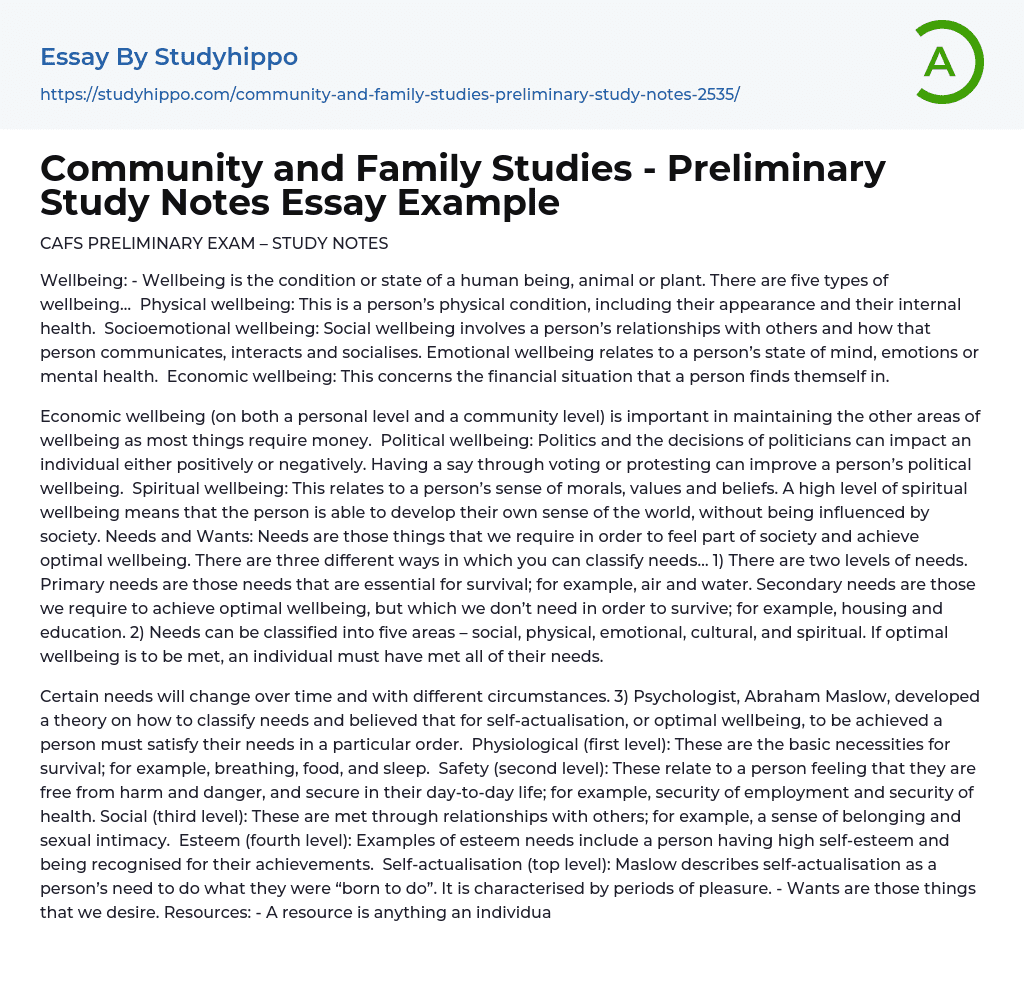 Community and Family Studies – Preliminary Study Notes Essay Example