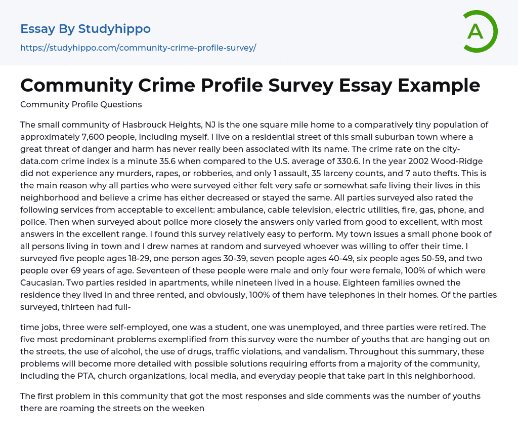 Community Crime Profile Survey Essay Example