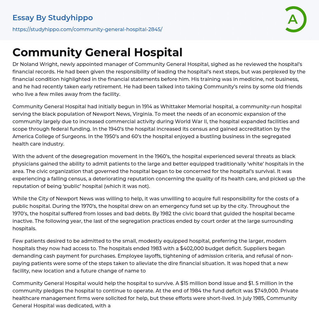 Community General Hospital Essay Example