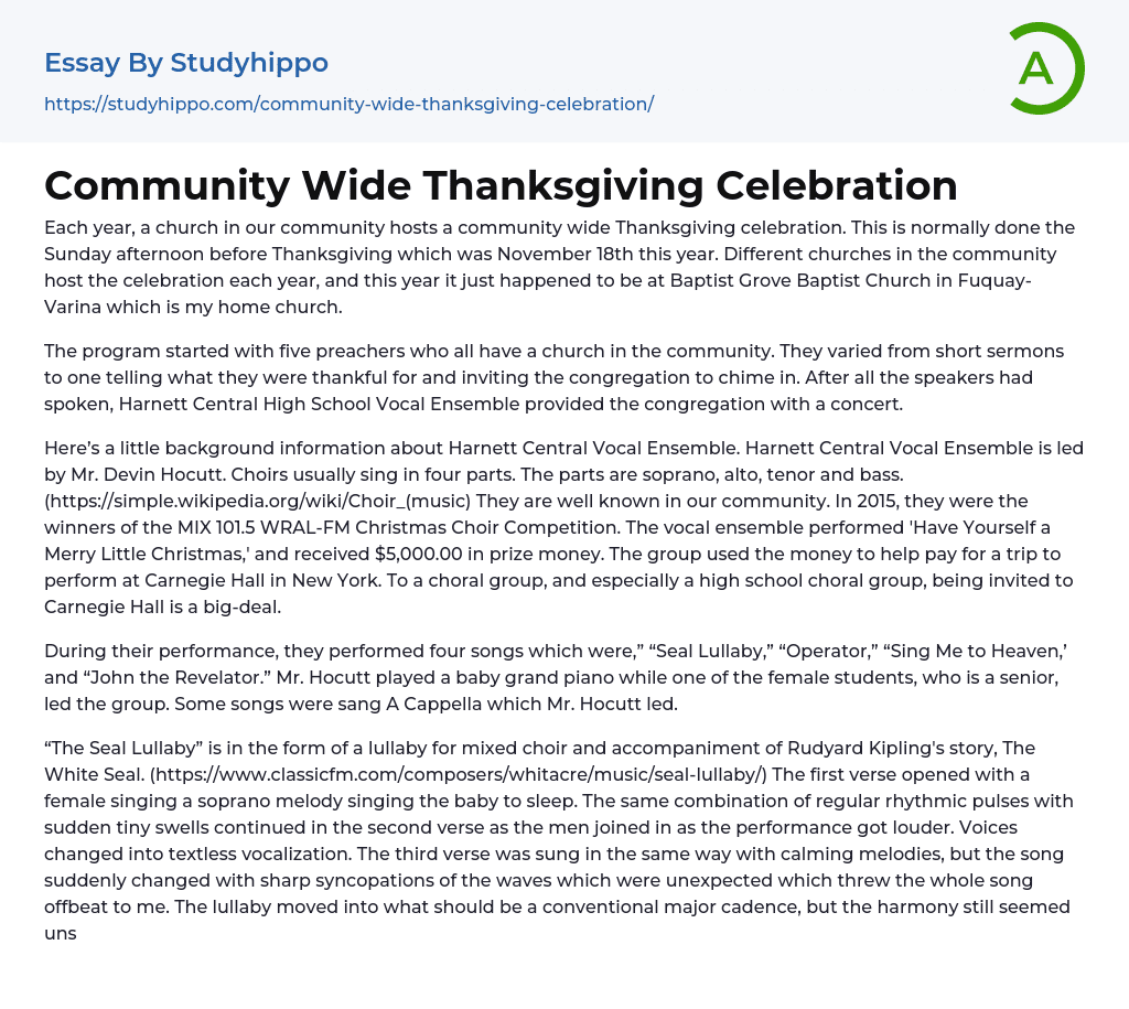 Community Wide Thanksgiving Celebration Essay Example