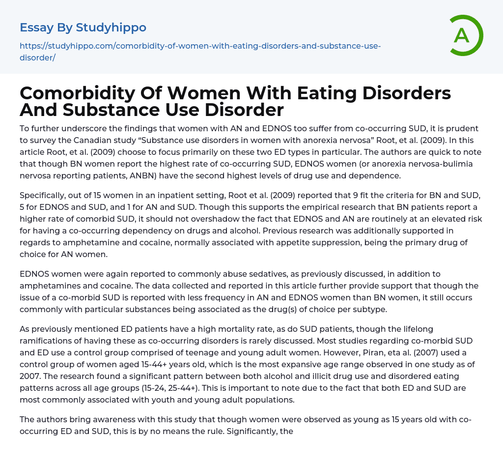 Comorbidity Of Women With Eating Disorders And Substance Use Disorder Essay Example