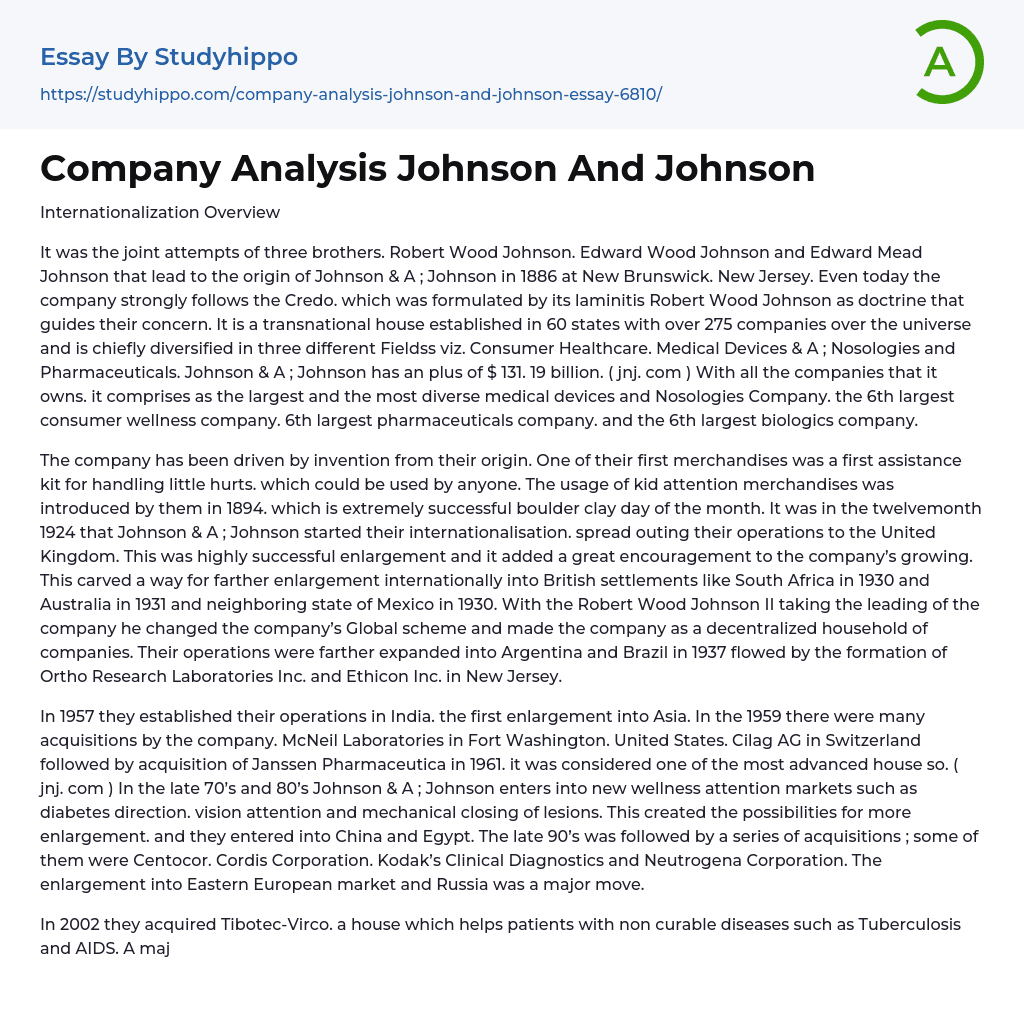 Company Analysis Johnson And Johnson Essay Example