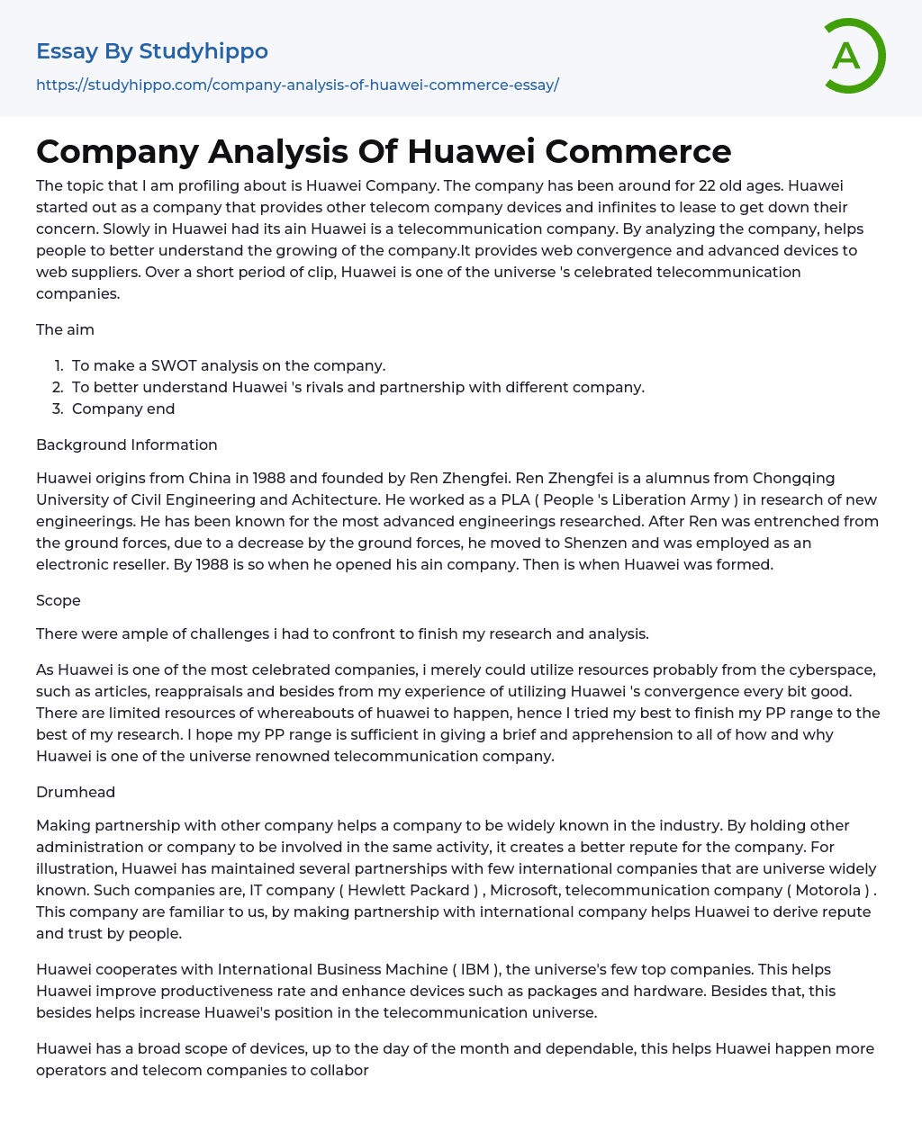 Company Analysis Of Huawei Commerce Essay Example