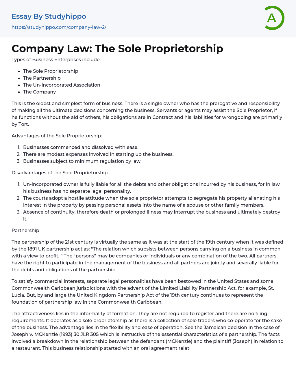 Company Law: The Sole Proprietorship Essay Example