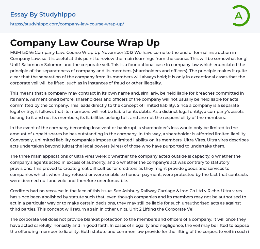 Company Law Course Wrap Up Essay Example