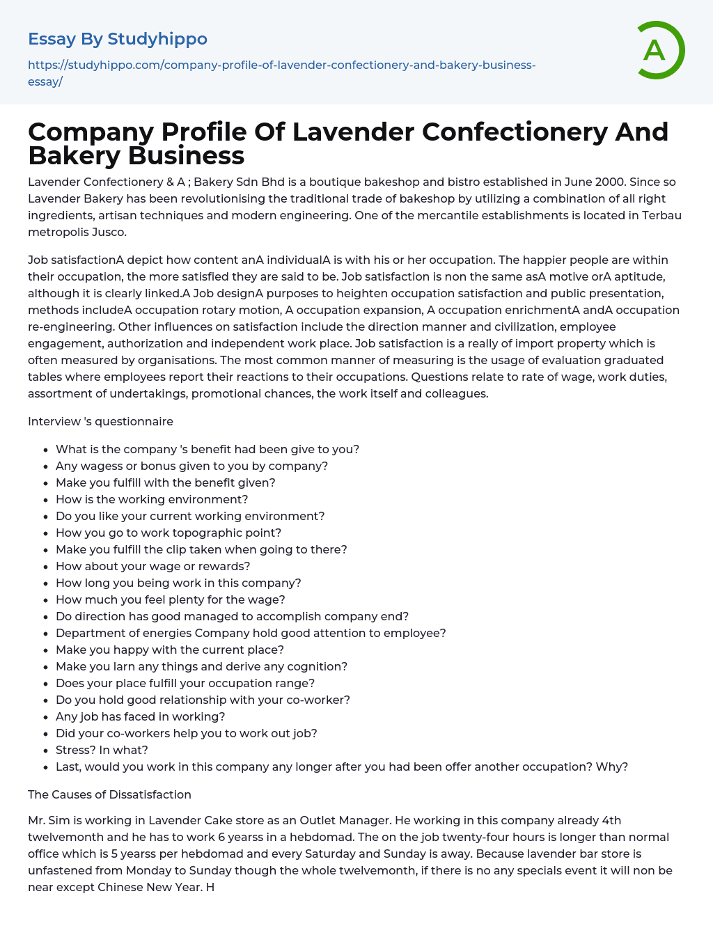 Company Profile Of Lavender Confectionery And Bakery Business Essay Example