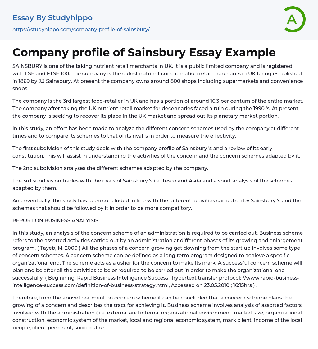 Company profile of Sainsbury Essay Example