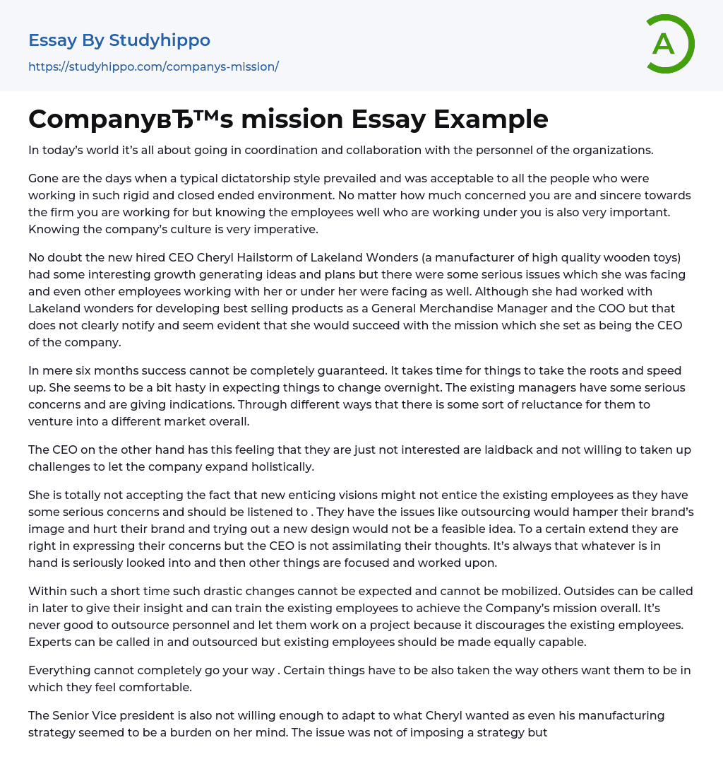 Company’s mission Essay Example