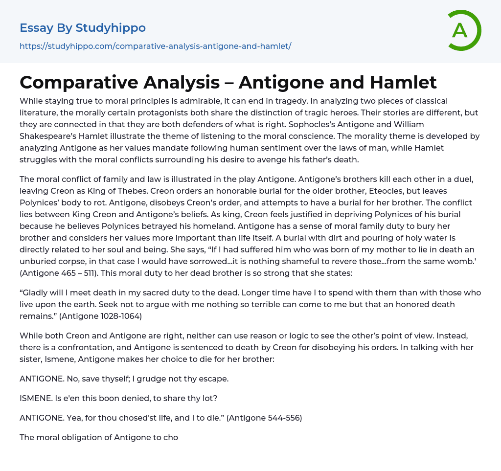 Comparative Analysis – Antigone and Hamlet Essay Example