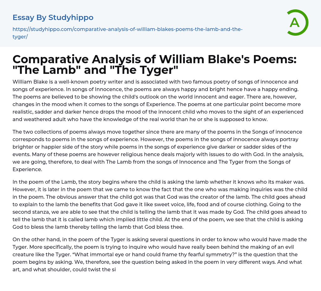 Comparative Analysis of William Blake’s Poems: “The Lamb” and “The Tyger” Essay Example