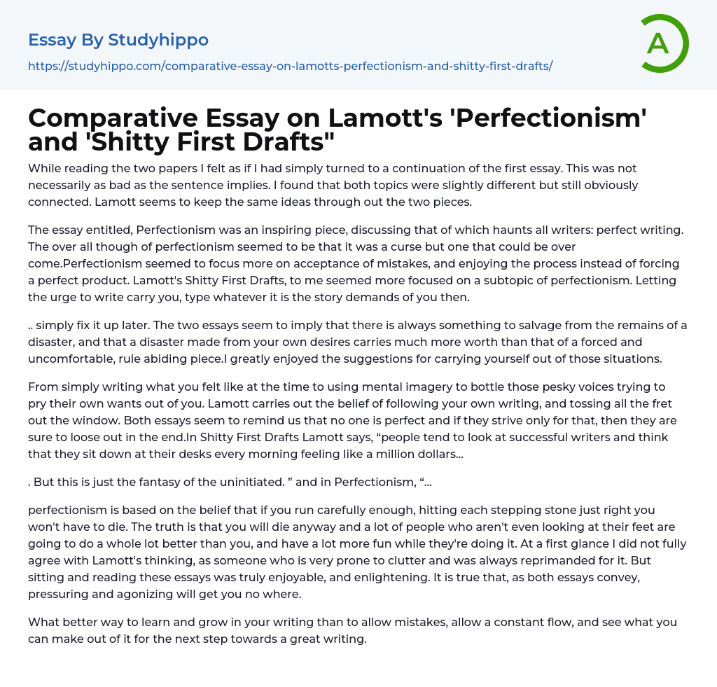 Comparative Essay on Lamott’s ‘Perfectionism’ and ‘Shitty First Drafts”
