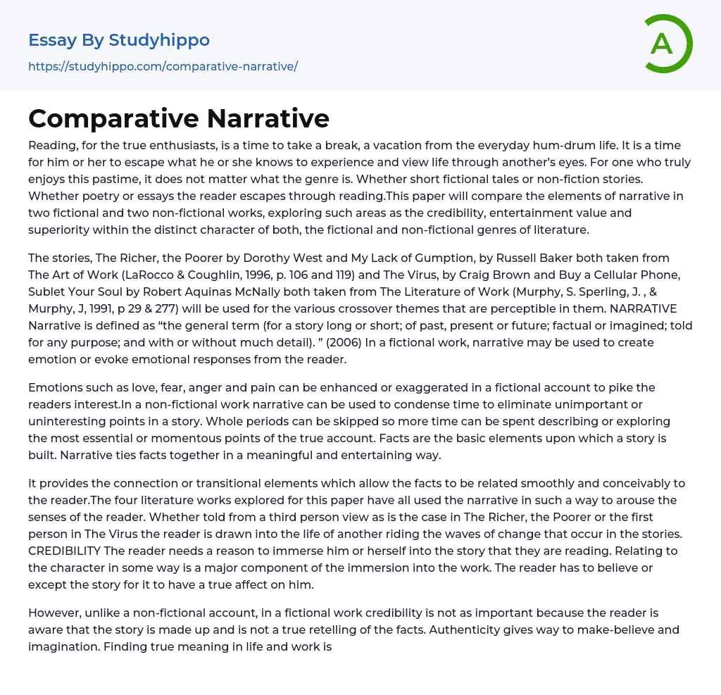 Comparative Narrative Essay Example