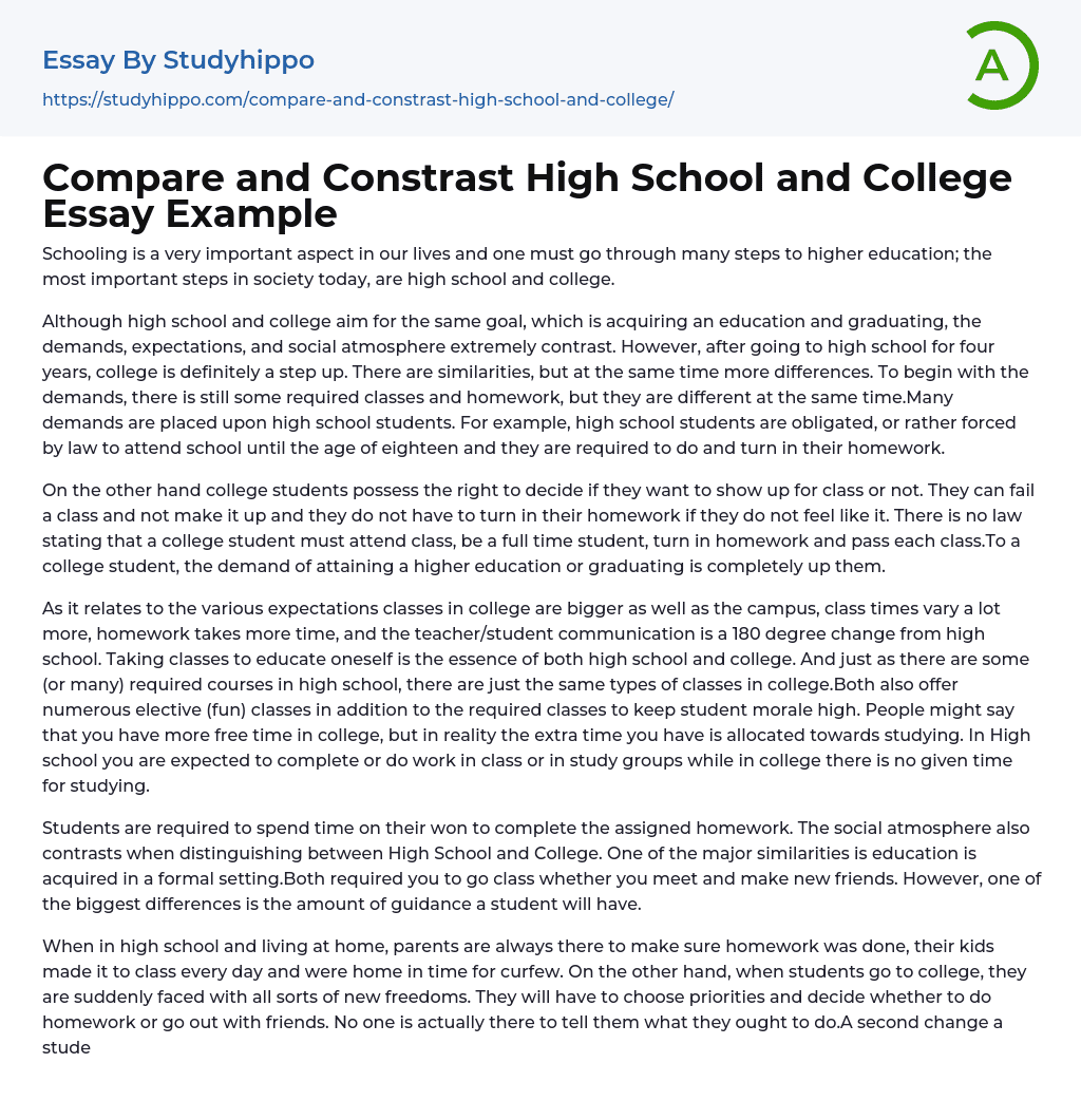 Compare and Constrast High School and College Essay Example
