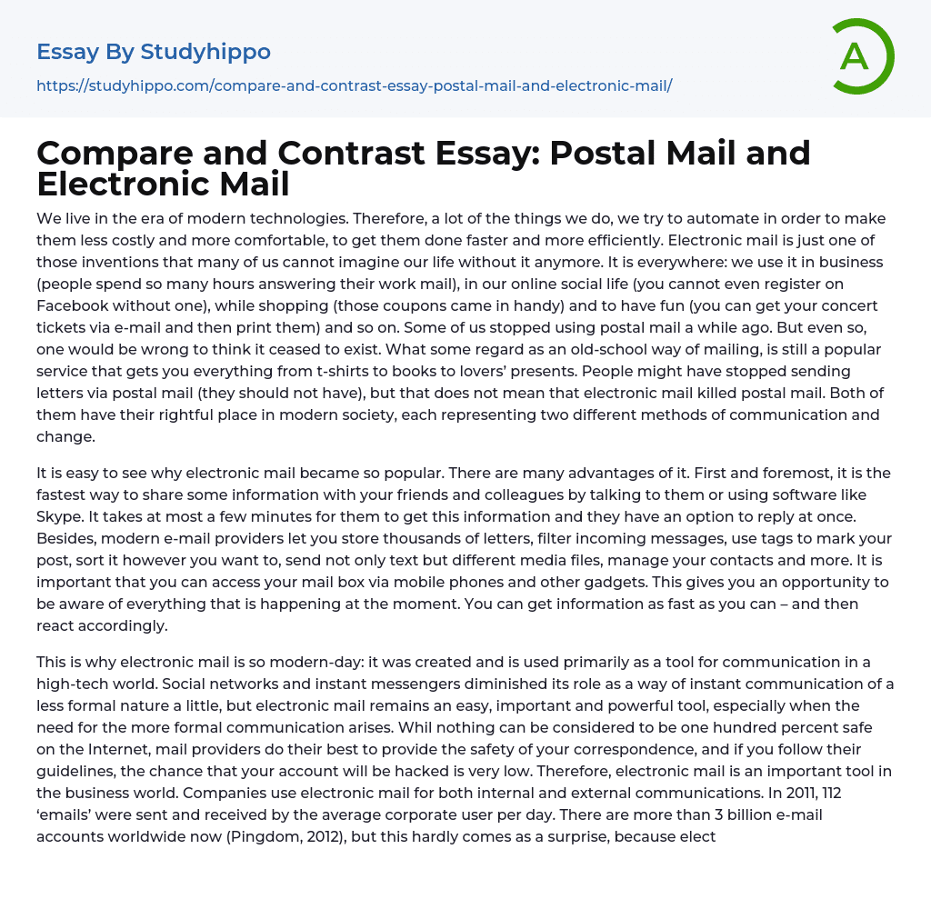 Compare and Contrast Essay: Postal Mail and Electronic Mail