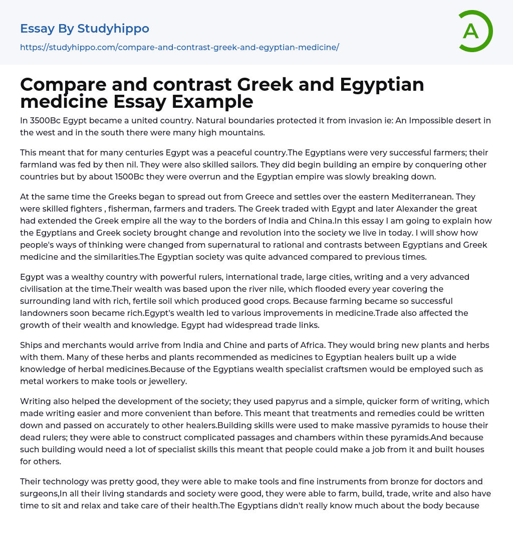 Compare and contrast Greek and Egyptian medicine Essay Example