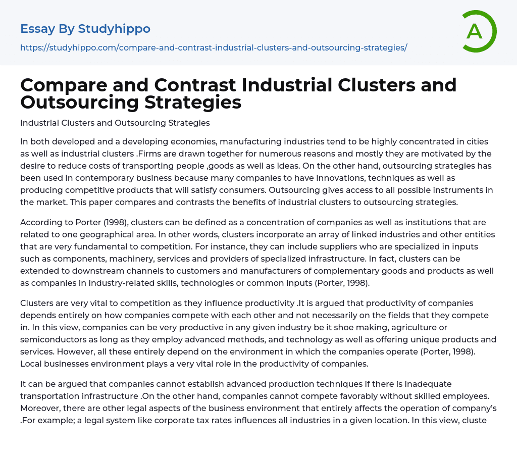 Compare and Contrast Industrial Clusters and Outsourcing Strategies Essay Example
