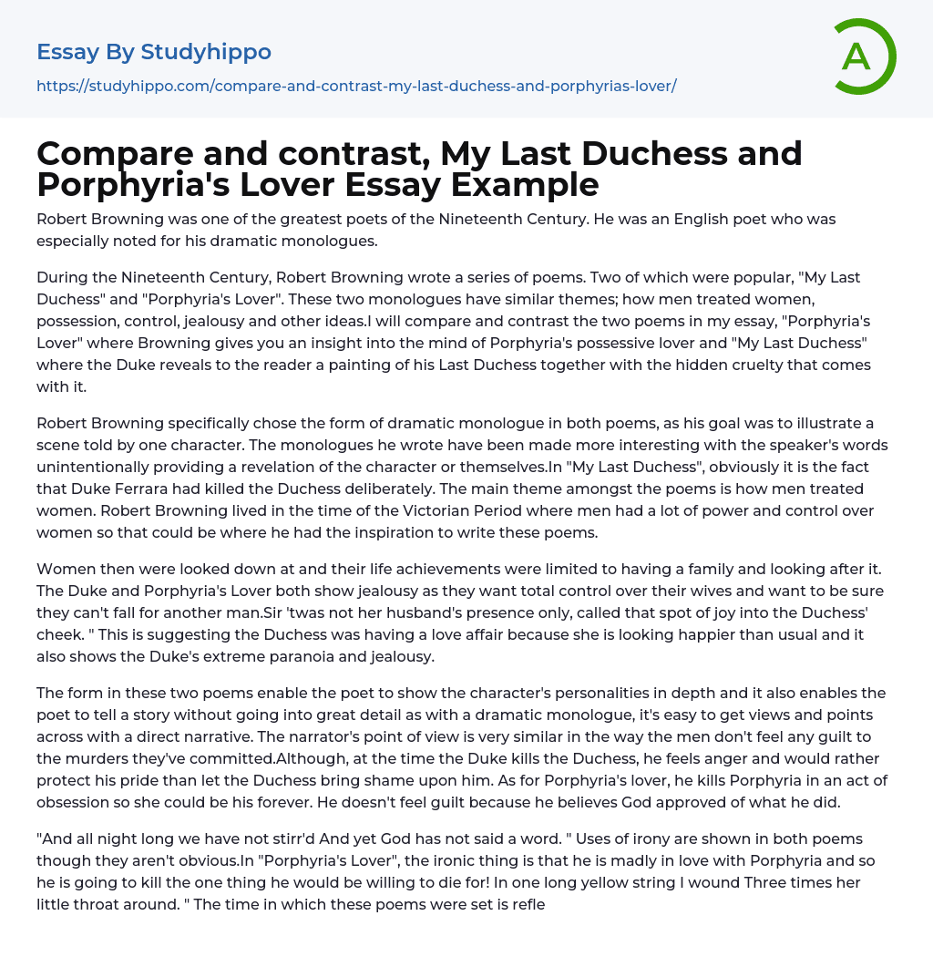 Compare and contrast, My Last Duchess and Porphyria’s Lover Essay Example
