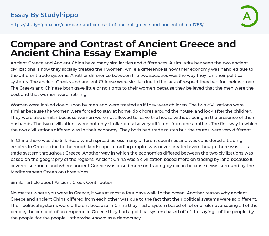 Compare and Contrast of Ancient Greece and Ancient China Essay Example