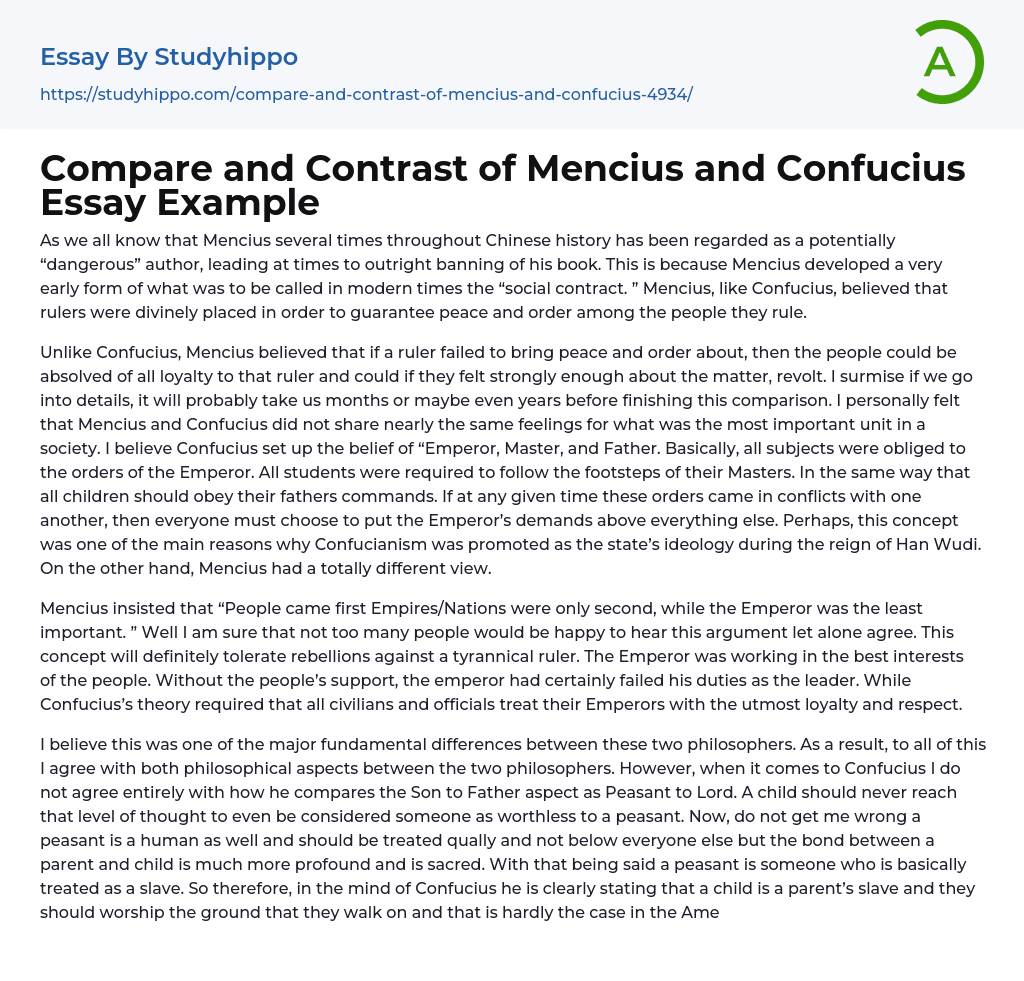 Compare and Contrast of Mencius and Confucius Essay Example