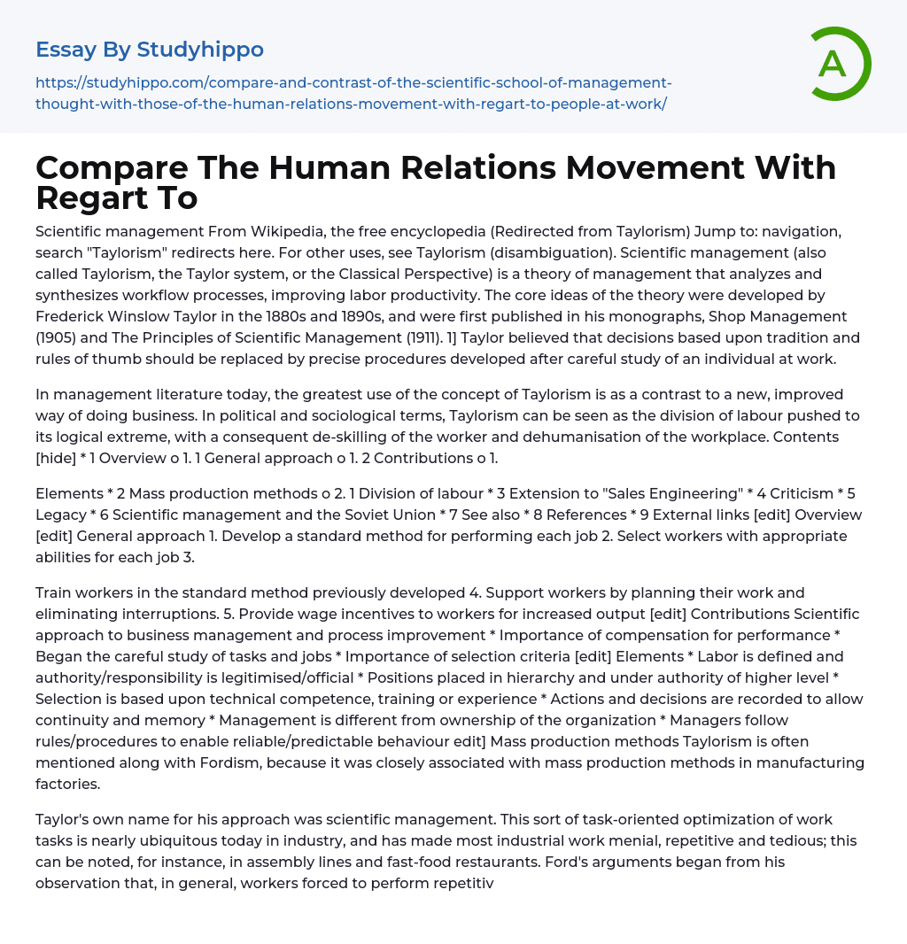 Compare The Human Relations Movement With Regart To Essay Example