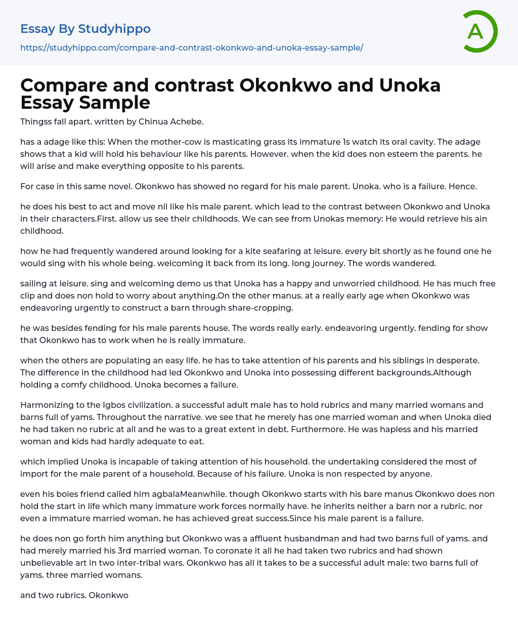 Compare and contrast Okonkwo and Unoka Essay Sample