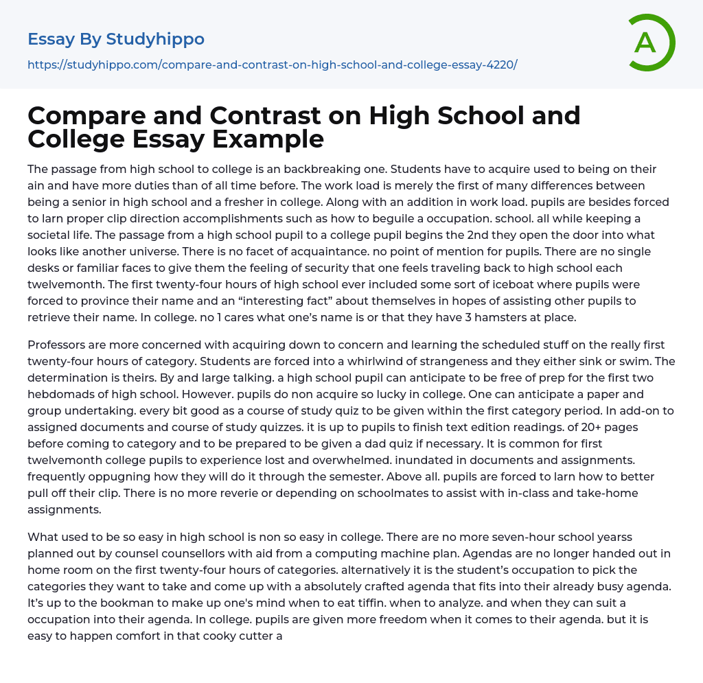 Compare and Contrast on High School and College Essay Example