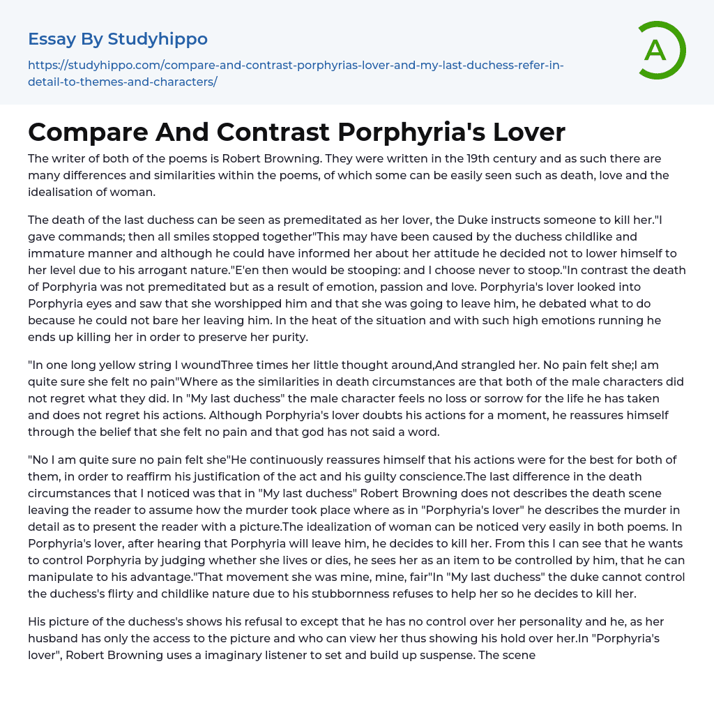 Compare And Contrast Porphyria’s Lover Essay Example