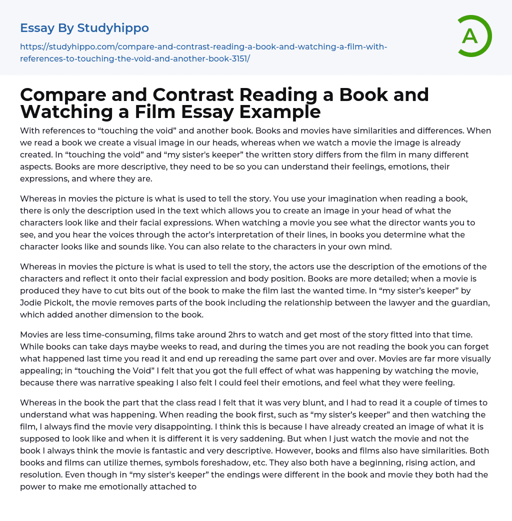 Compare and Contrast Reading a Book and Watching a Film Essay Example