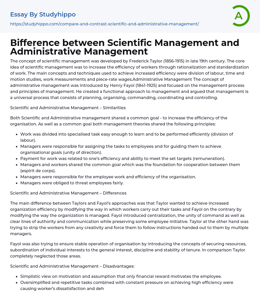 ?ifference between Scientific Management and Administrative Management Essay Example