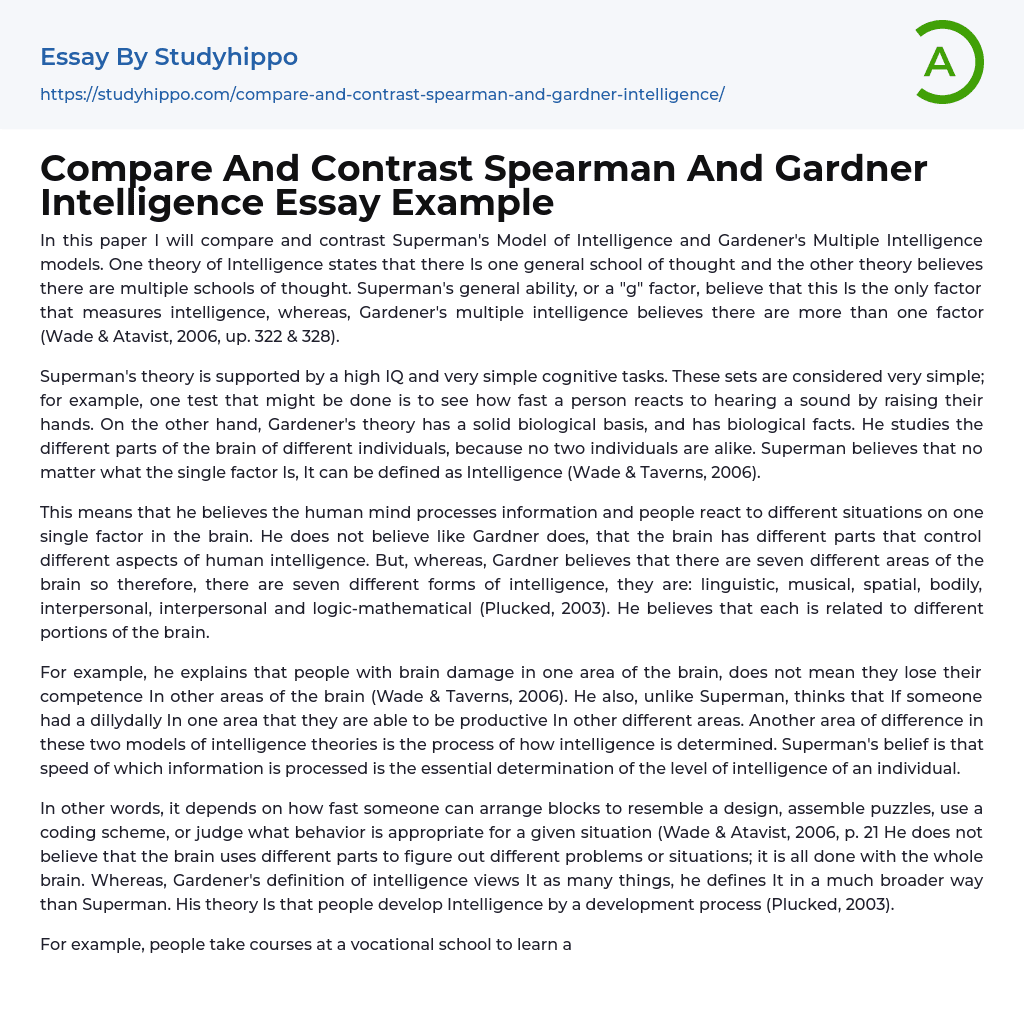 Compare And Contrast Spearman And Gardner Intelligence Essay Example
