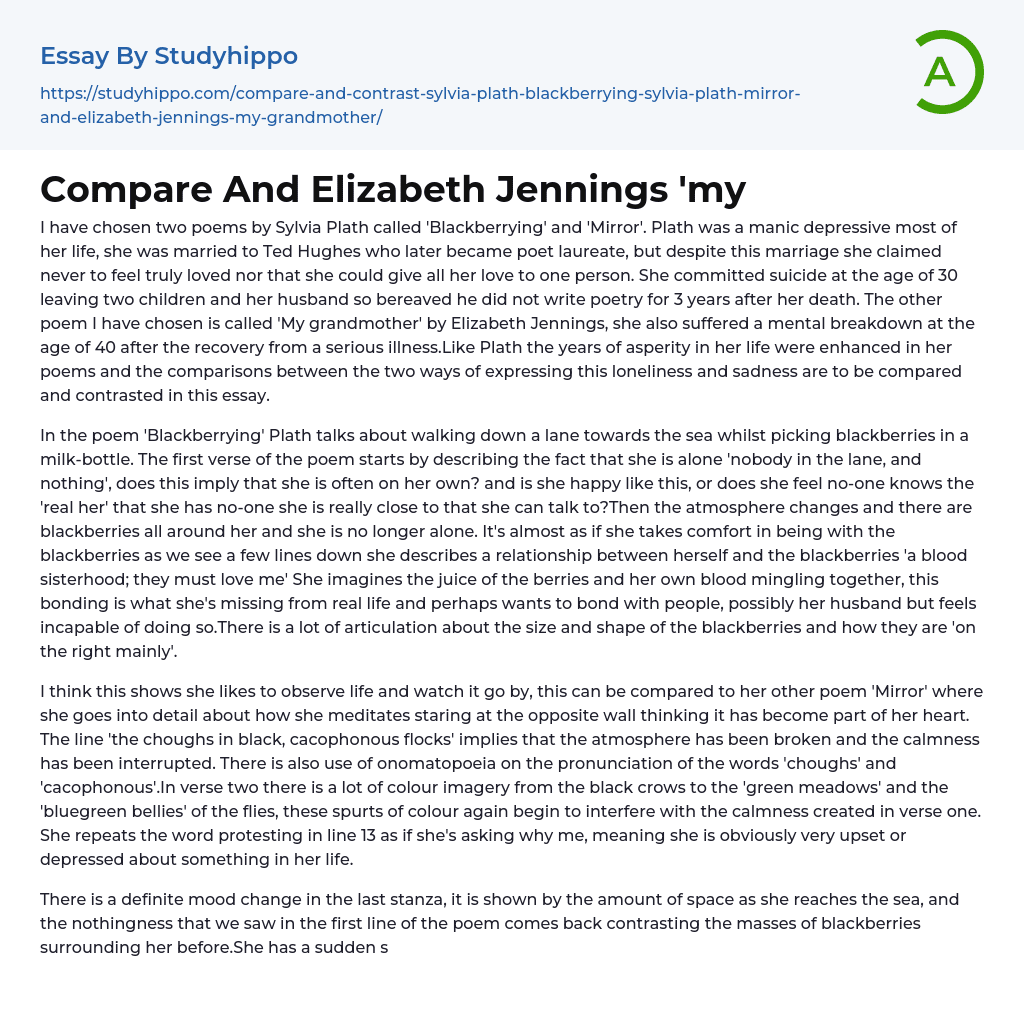 Compare And Elizabeth Jennings ‘my Essay Example