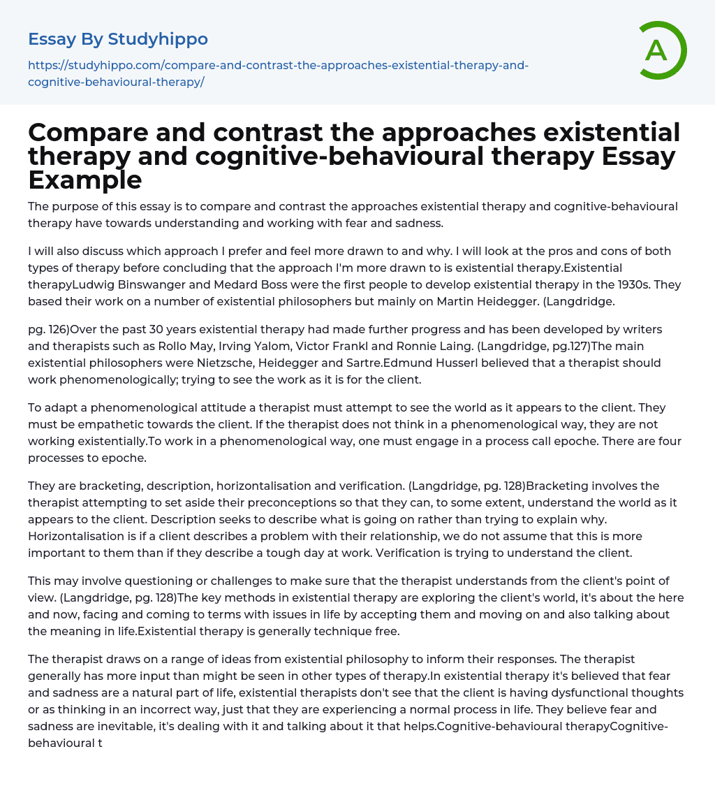Comparing Existential and Cognitive-Behavioural Therapies for Fear and Sadness