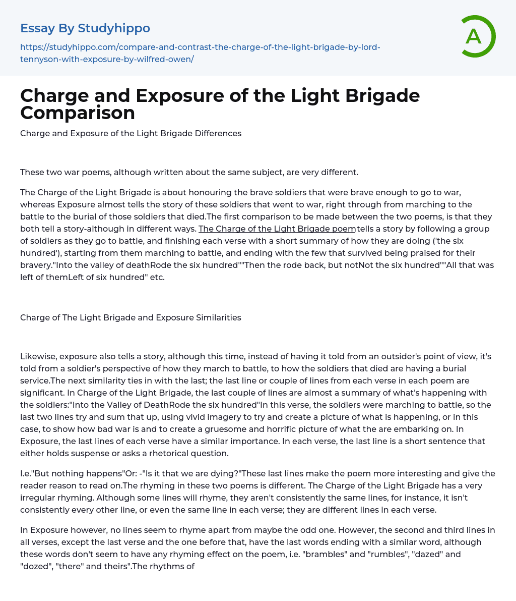 Charge and Exposure of the Light Brigade Comparison Essay Example