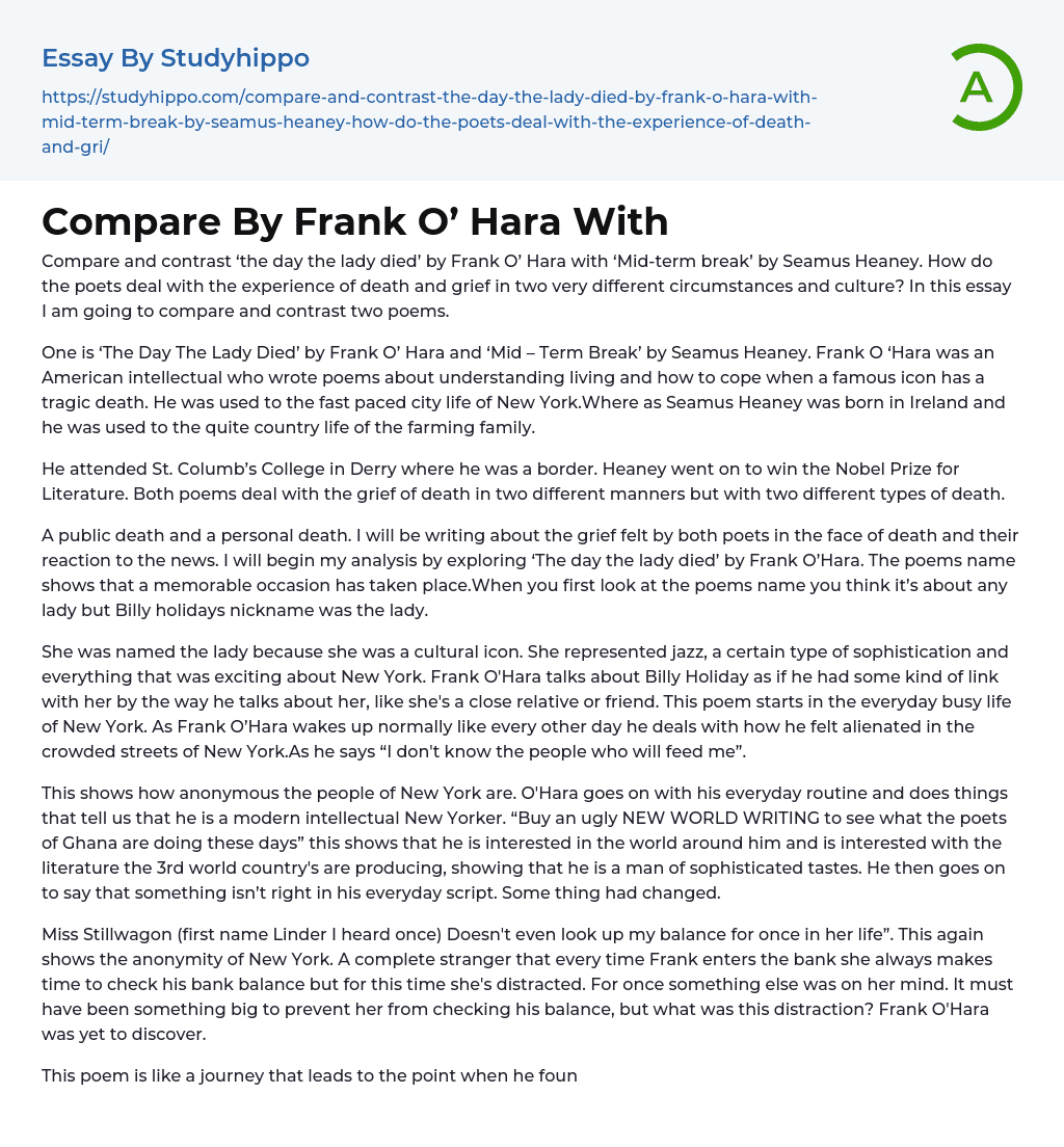 Compare By Frank O’ Hara With Essay Example