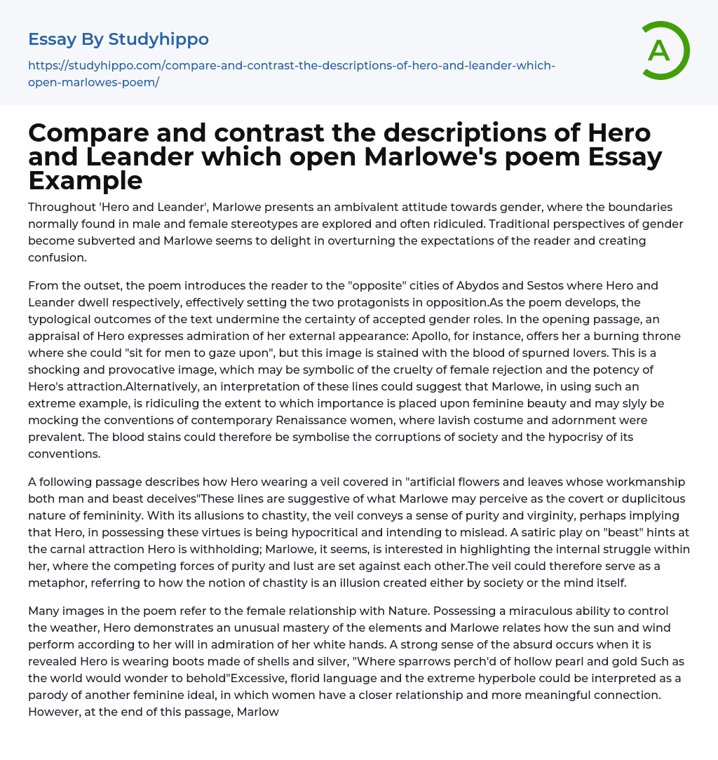 Compare and contrast the descriptions of Hero and Leander which open Marlowe’s poem Essay Example
