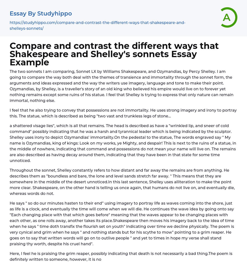 Compare and contrast the different ways that Shakespeare and Shelley’s sonnets Essay Example