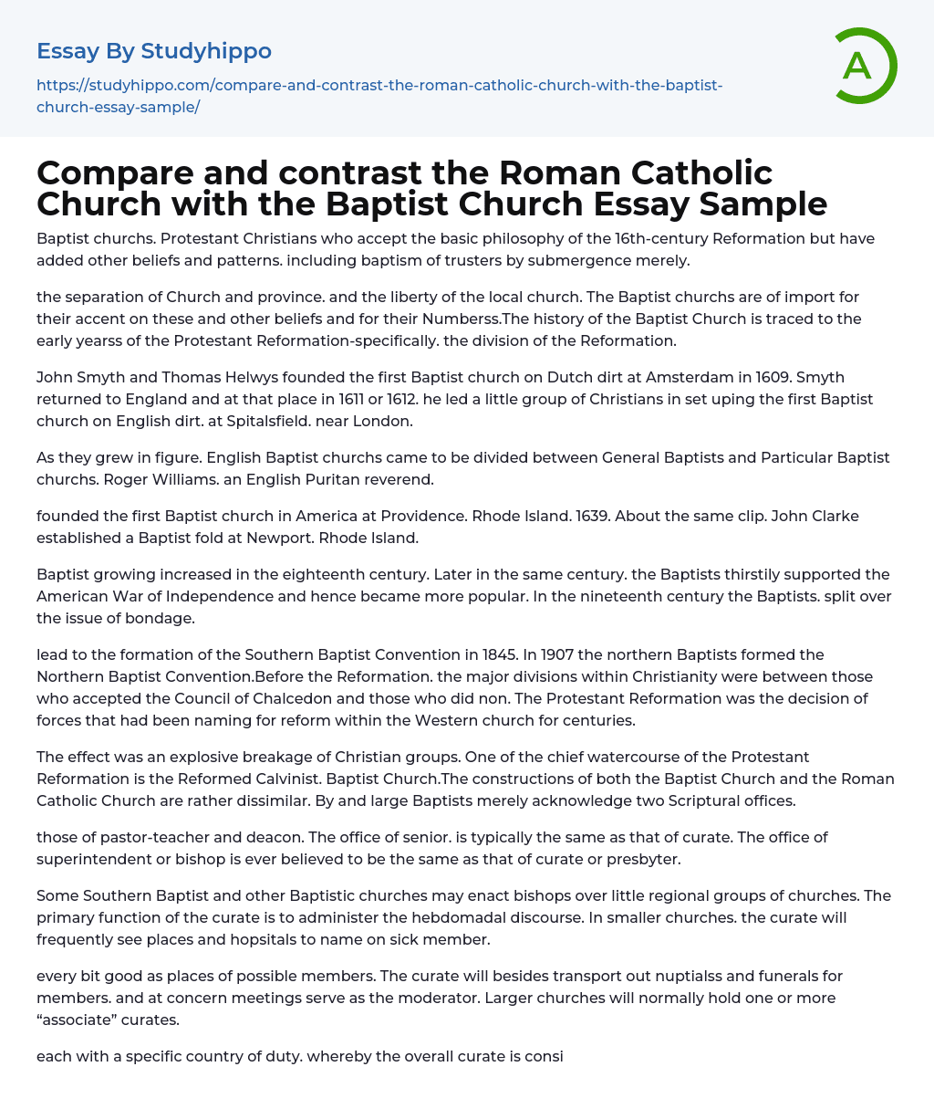 Compare and contrast the Roman Catholic Church with the Baptist Church Essay Sample