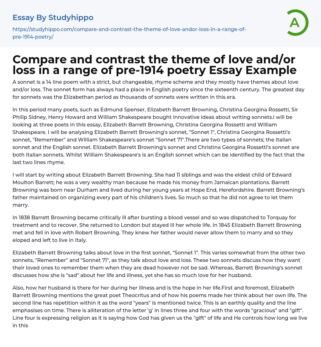 Compare and contrast the theme of love and/or loss in a range of pre-1914 poetry Essay Example