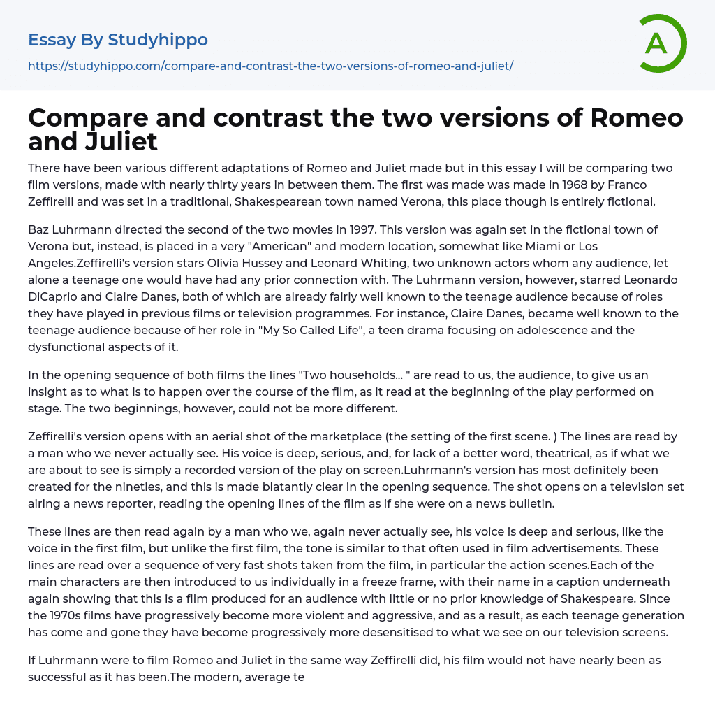 Compare and contrast the two versions of Romeo and Juliet Essay Example