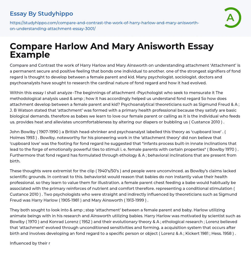 Compare Harlow And Mary Anisworth Essay Example