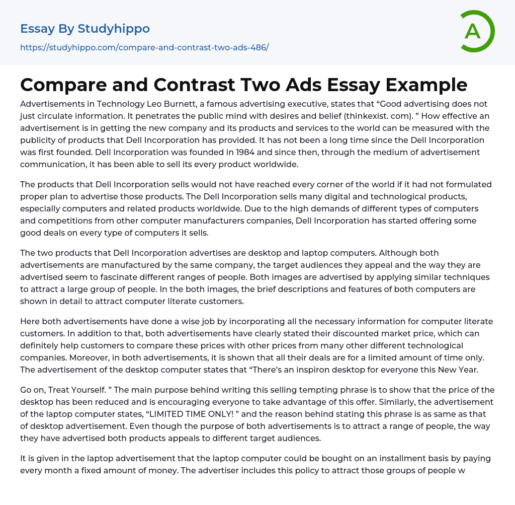 Compare and Contrast Two Ads Essay Example