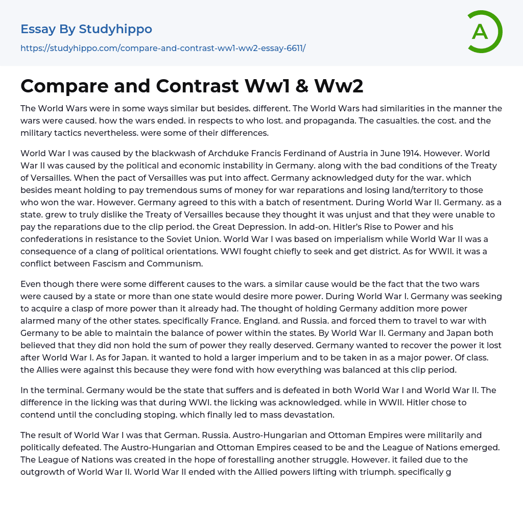 Compare and Contrast Ww1 & Ww2 Essay Example