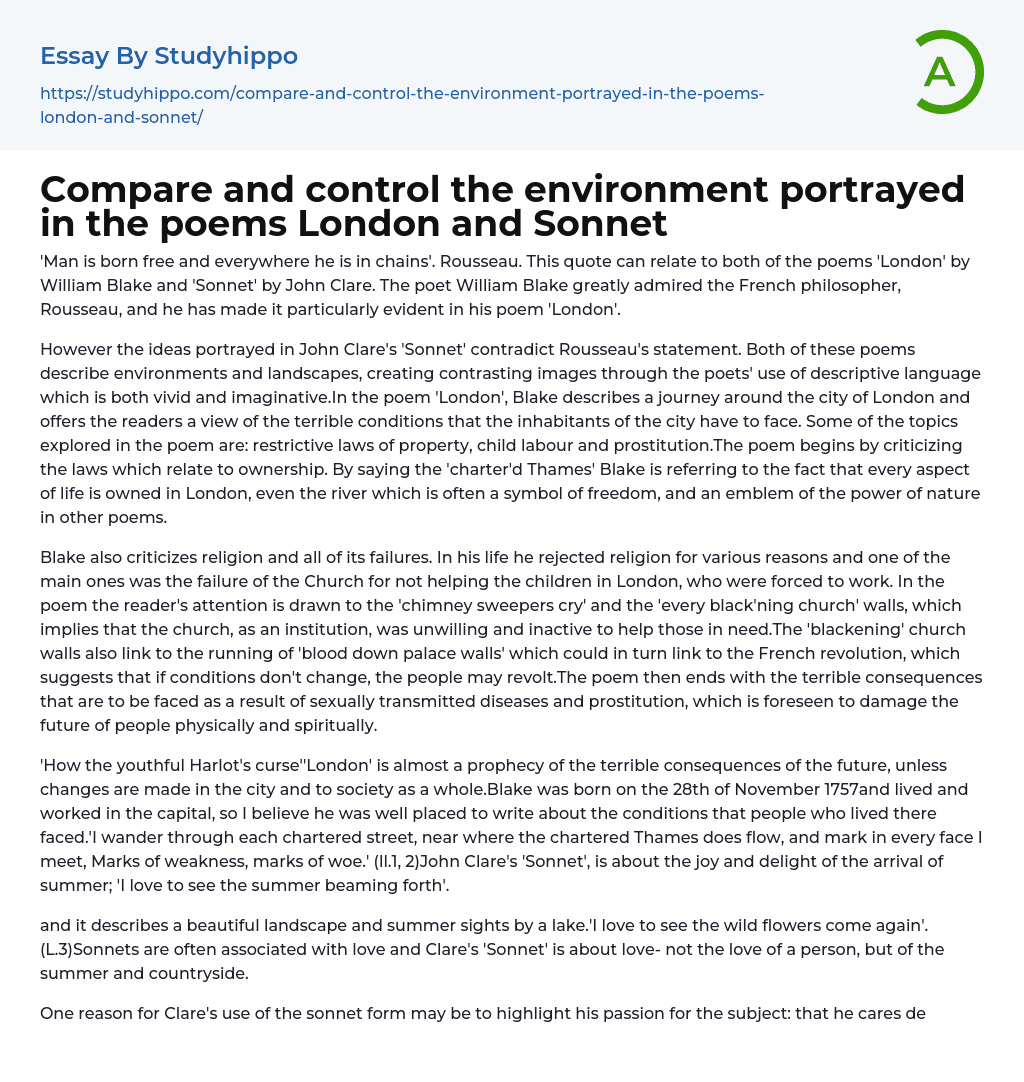 Compare and control the environment portrayed in the poems London and Sonnet Essay Example