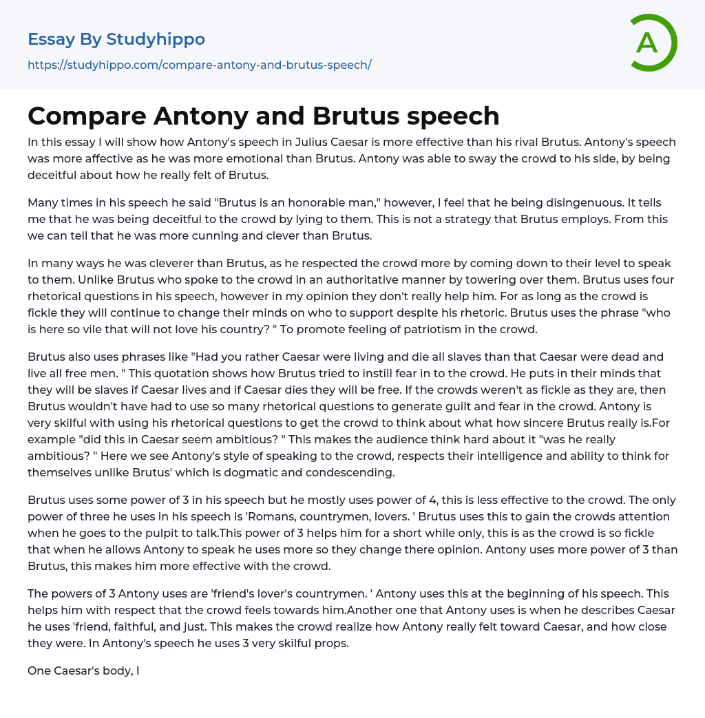Compare Antony and Brutus speech Essay Example