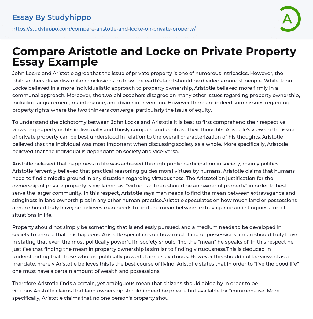 Compare Aristotle and Locke on Private Property Essay Example