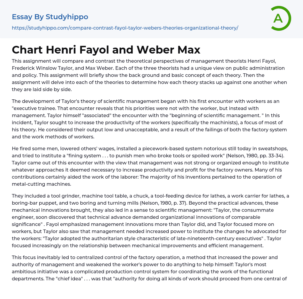Chart Henri Fayol and Weber Max Essay Example