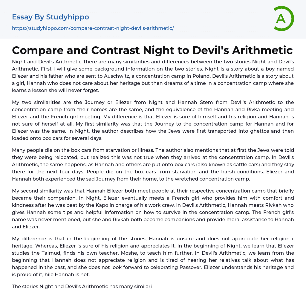 Compare and Contrast Night to Devil’s Arithmetic Essay Example