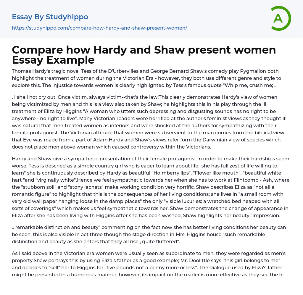 Compare how Hardy and Shaw present women Essay Example
