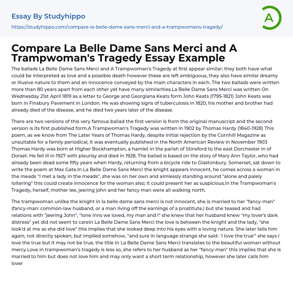 Compare La Belle Dame Sans Merci and A Trampwoman’s Tragedy Essay Example