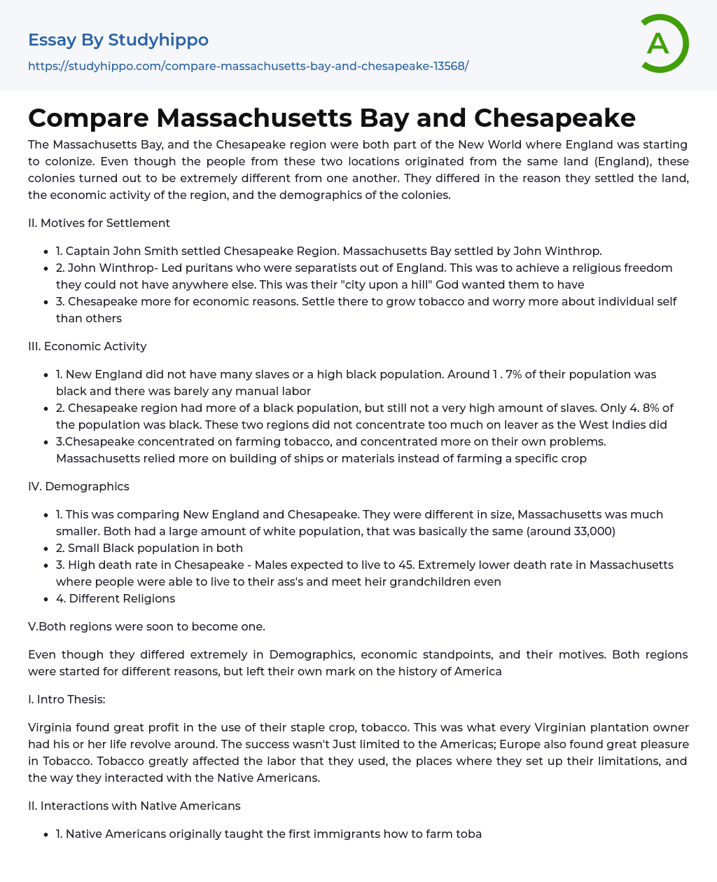 Compare Massachusetts Bay and Chesapeake Essay Example